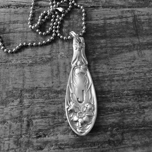 vintage silverplate spoon handle necklace pendant initial J hand crafted